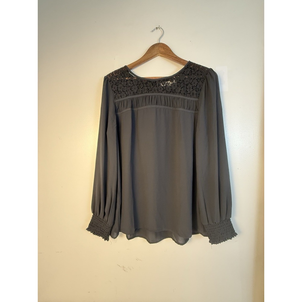 LOFTā Black Lace Yoke Blouse Women's L Boho Peasant Smocked Cuff Long Sleeve
